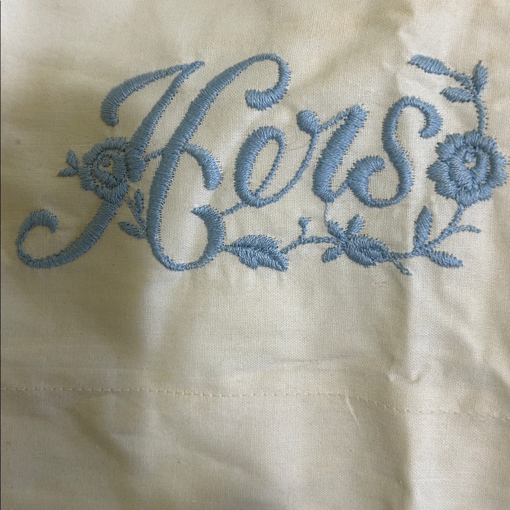 Elegant Cream and Blue Embroidered Pillowcase HERS. 19 x 32. Cotton. - Picture 2 of 4